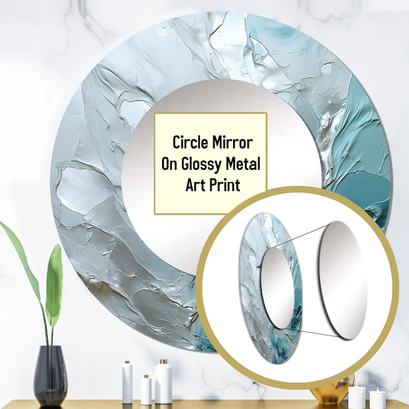 Designart "Silver Shimmer" Abstract Landscape Round Mirror - Modern Grey Round Bedroom Mirror Wall Decor