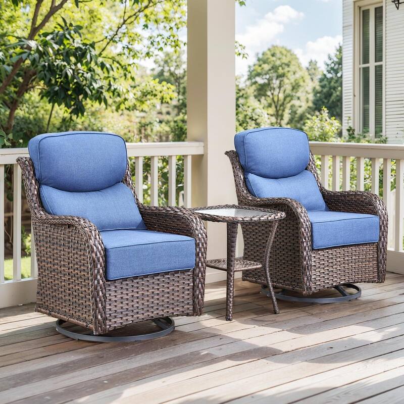 Outdoor Swivel Glider Rattan Chair Set - 3PCS Swivel Chair with Side Table - Brown Rattan - Blue Cushion