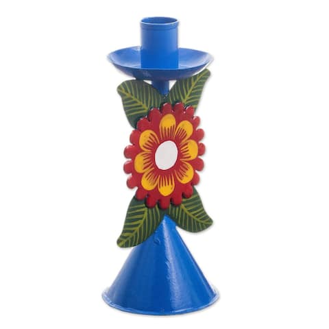 NOVICA Handmade Andean Flora in Sky Blue Recycled Metal Candlestick