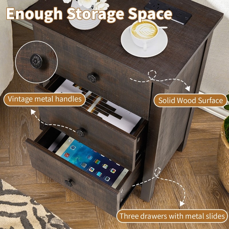 Brown Solid Wood Nightstand with 3 Drawers with USB & Type-C Ports, 2 Power Outlets