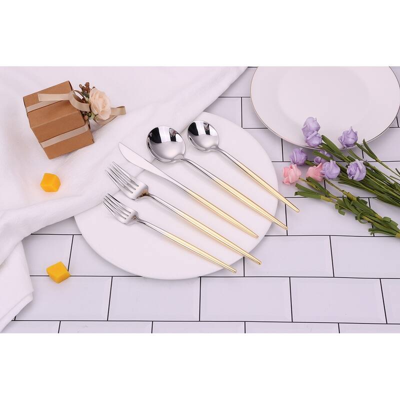 20 Pc Flatware Set Silver With Graduated Gold Handles - Service For 4