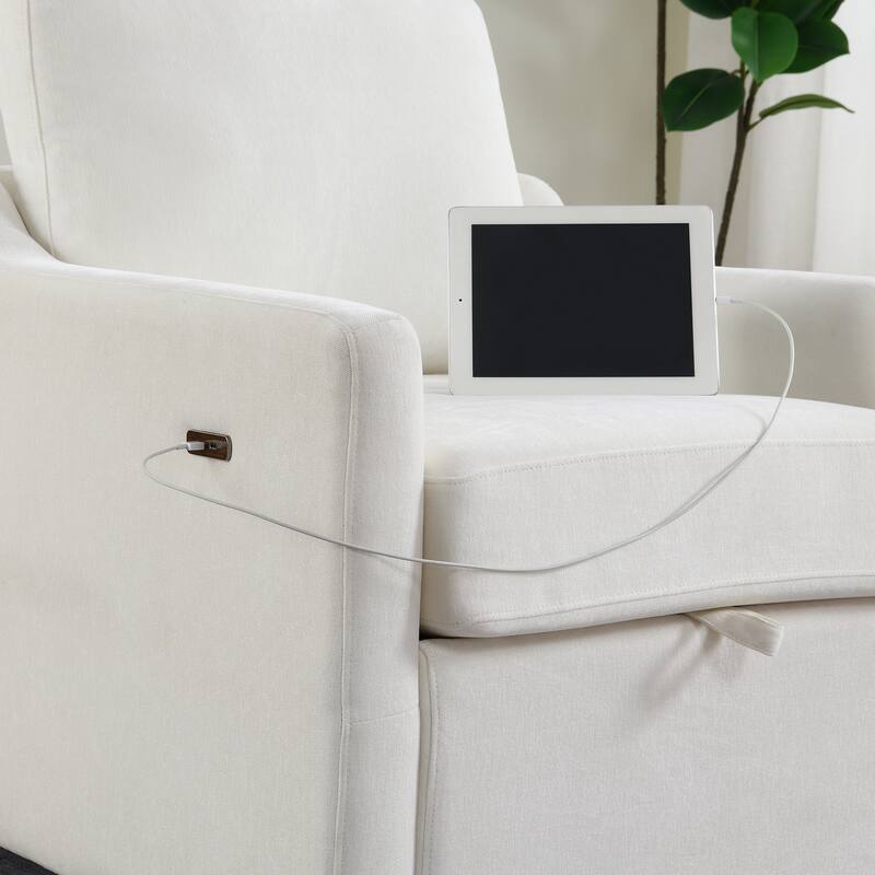 Chenille Swivel Accent Chair with USB/Type-C Charging, Book Pocket, and 360° Rotation