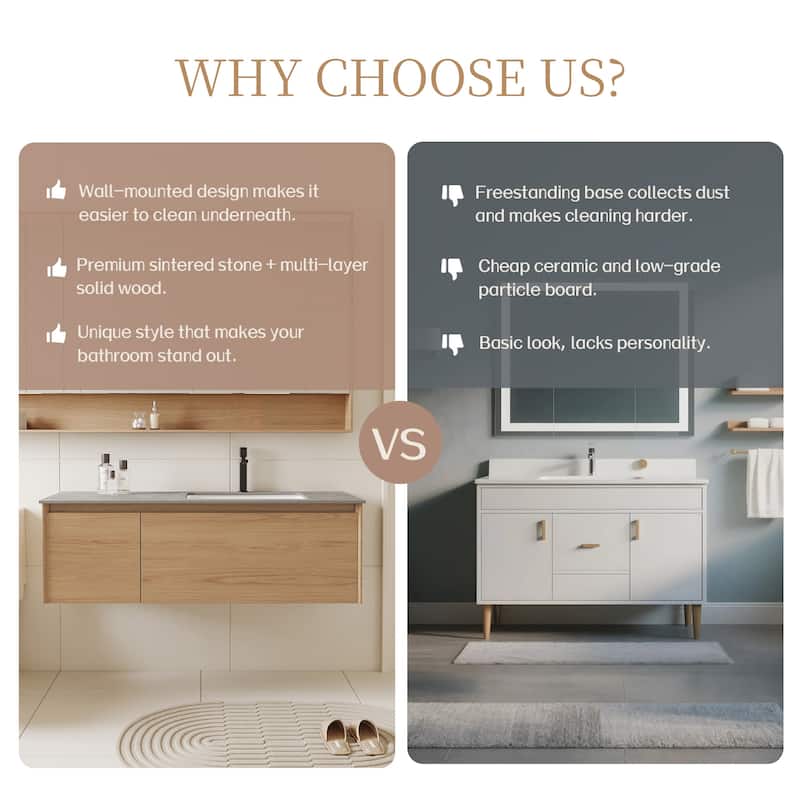 48" Single Bathroom Vanity, Modern, Gray Stone Stop, Light Solid Wood