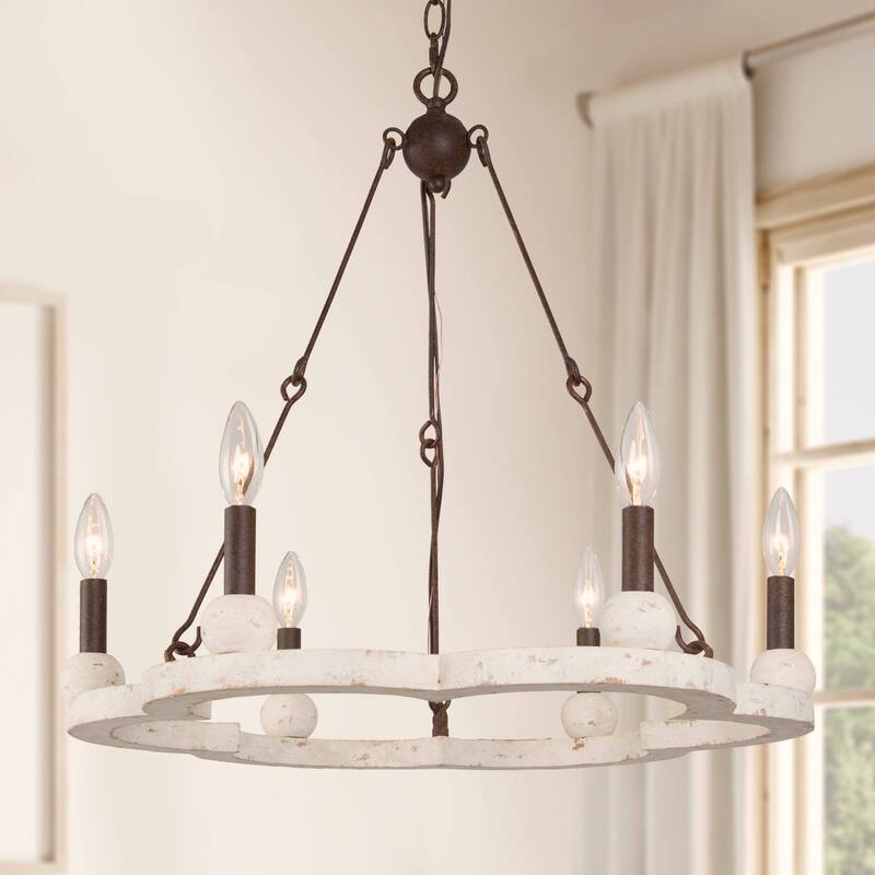 Loby 6-Light Rustic Wagon Wheel Wood Chandelier Dimmable Lighting, Adjustable Farmhouse Pendant Light for Kitchen Island - Distressed White