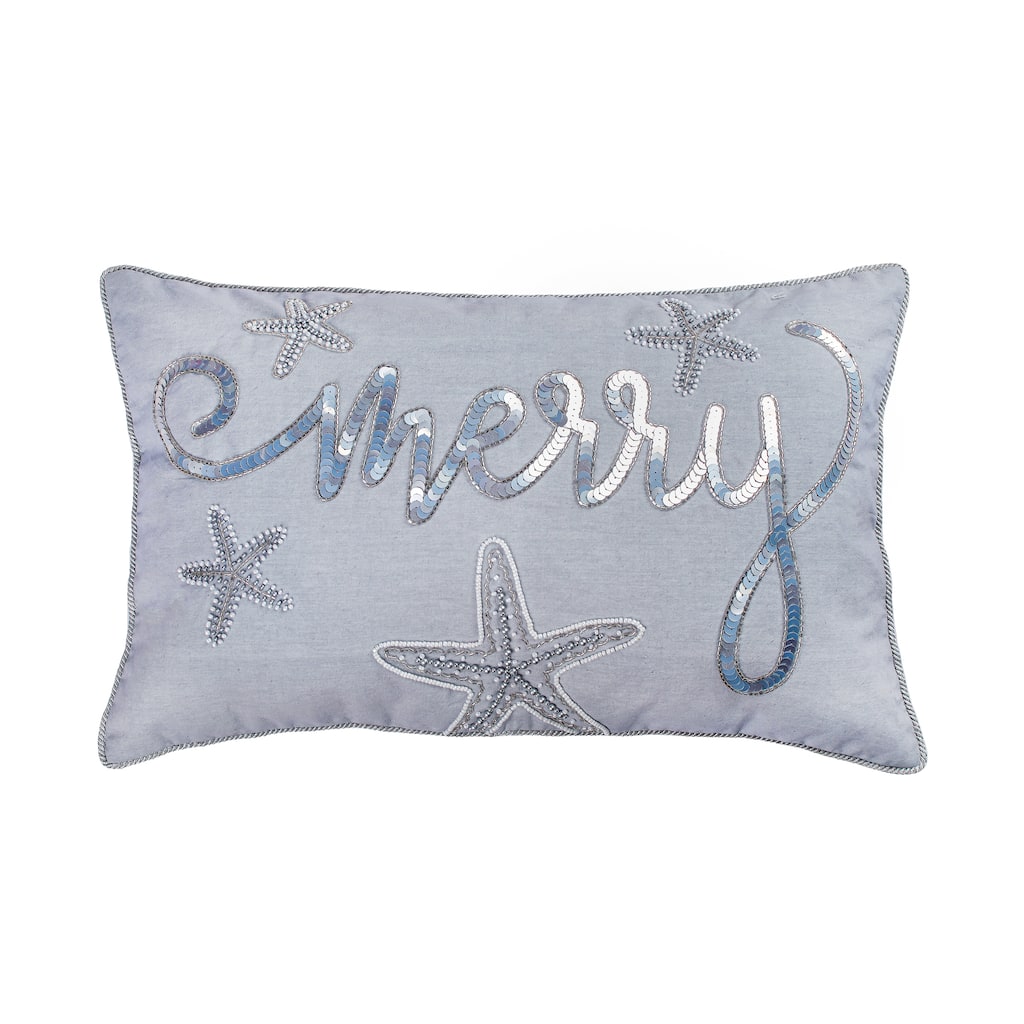 HGTV Home Collection Coastal Merry Embroidered Pillow, Blue, 22in