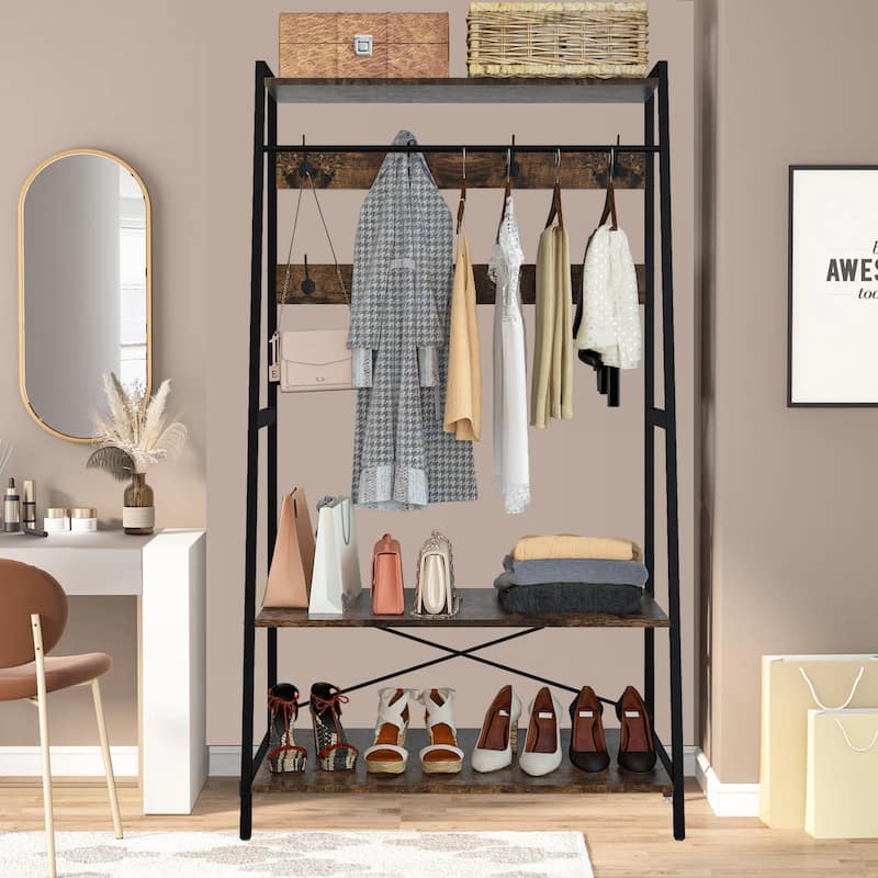Industrial Clothes Rack Stand with Storage Shelves and 9 Hooks
