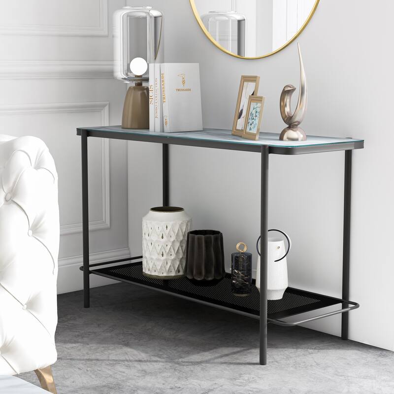 Puetz Contemporary White and Black 48-inch Steel 1-Shelf Sofa Table by Furniture of America