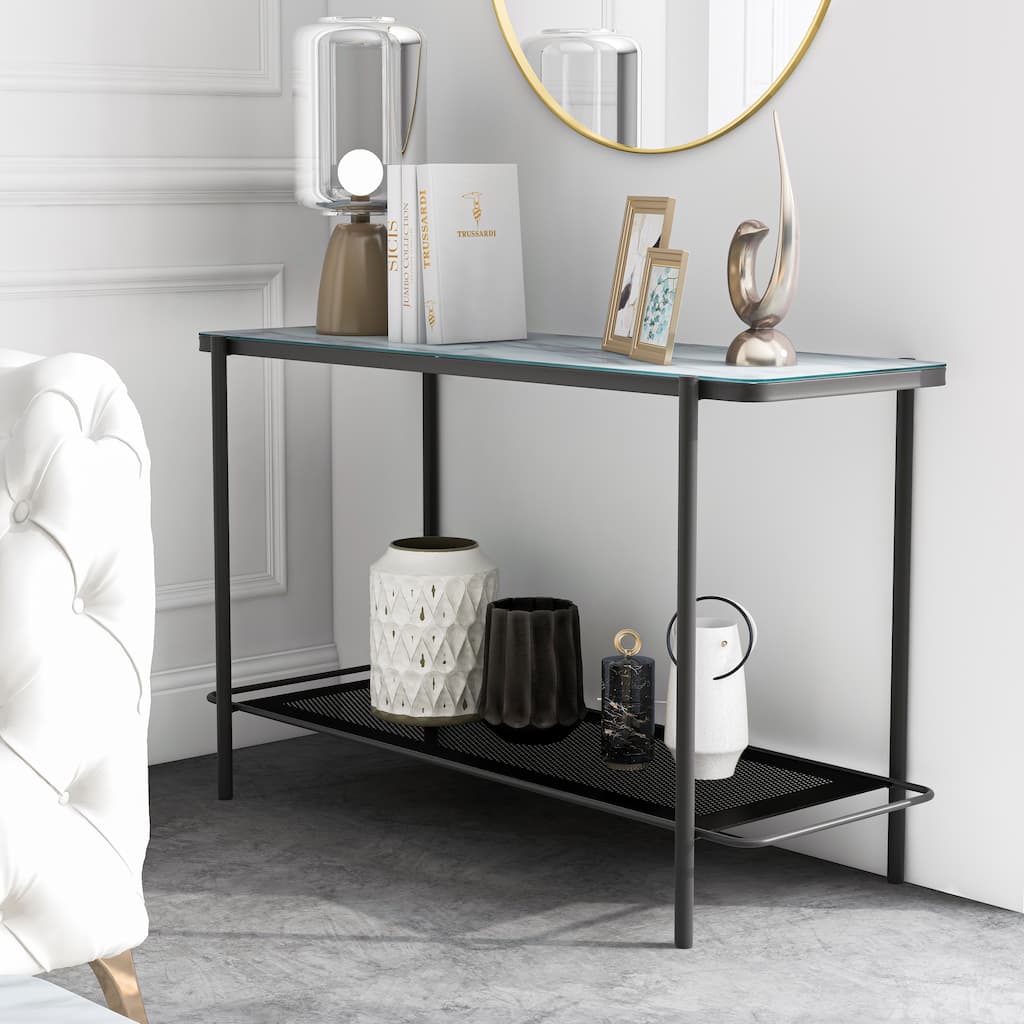 Puetz Contemporary White and Black 48-inch Steel 1-Shelf Sofa Table by Furniture of America