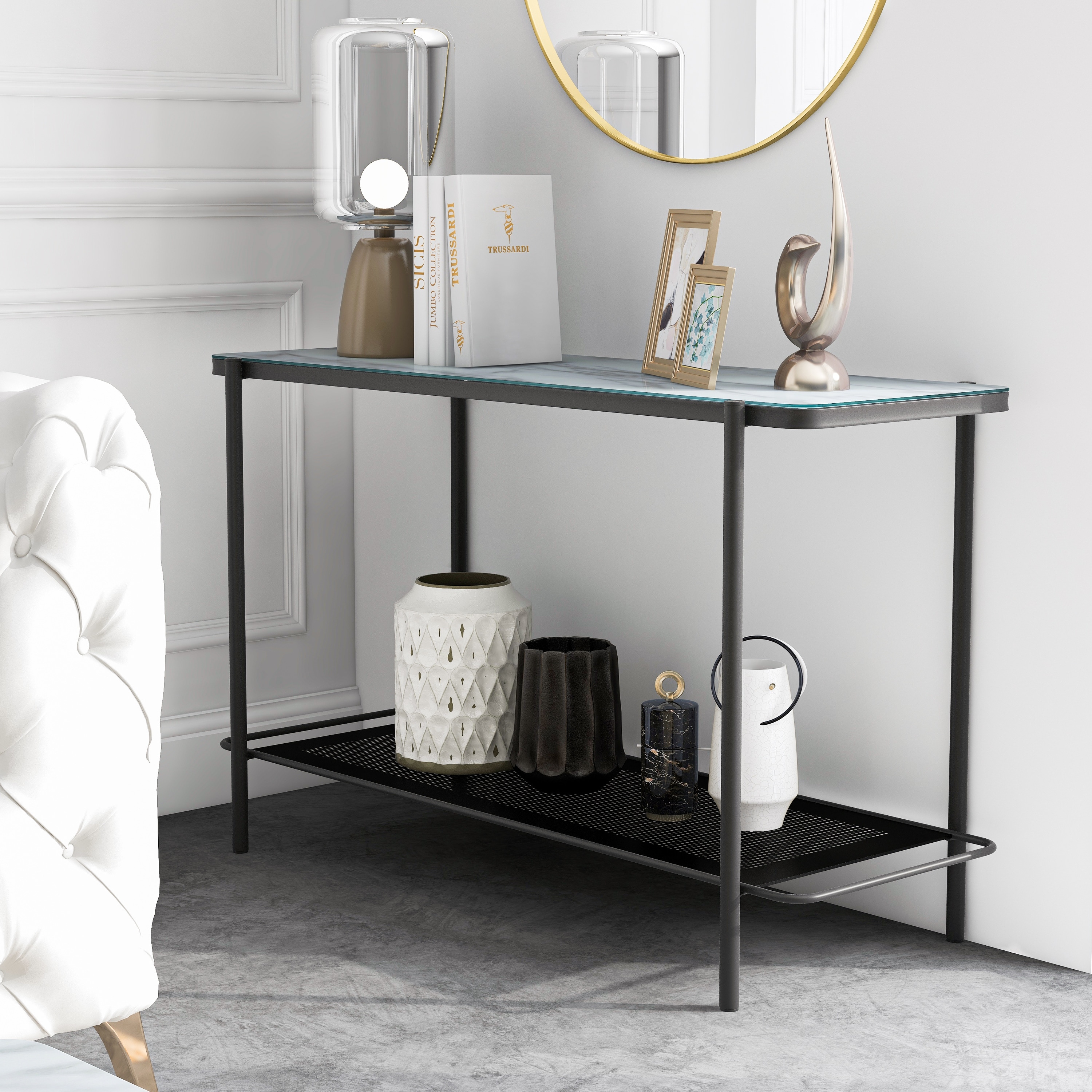 Furniture of America Puetz Contemporary White and Black 48-inch Steel 1-Shelf Sofa Table
