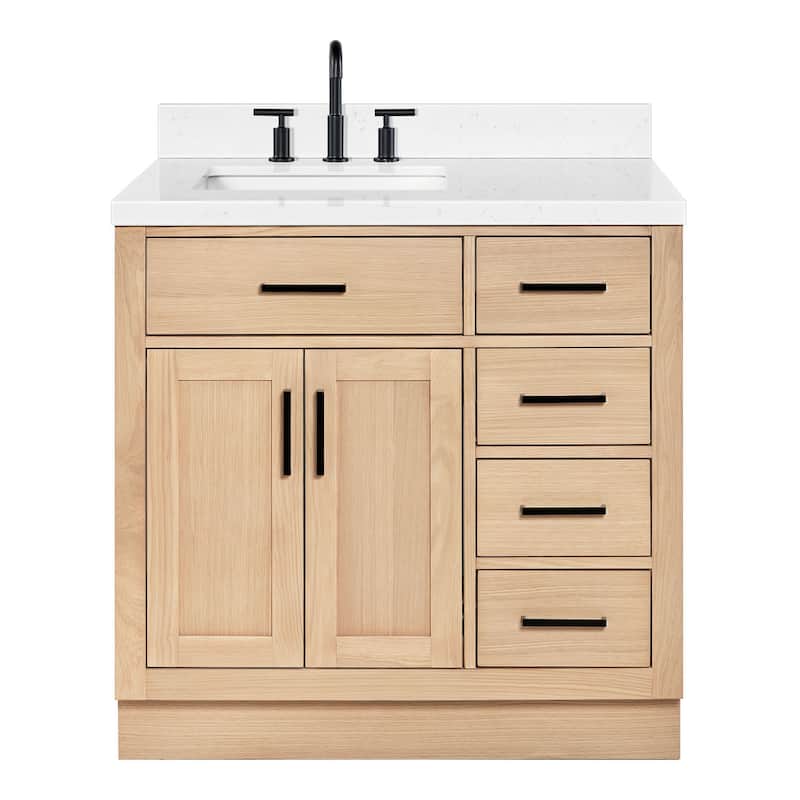 Ariel T036SLCQRVO Hepburn 36" Free Standing Single Basin Vanity Set - Oak / Carrara White Quartz Top / Matte Black