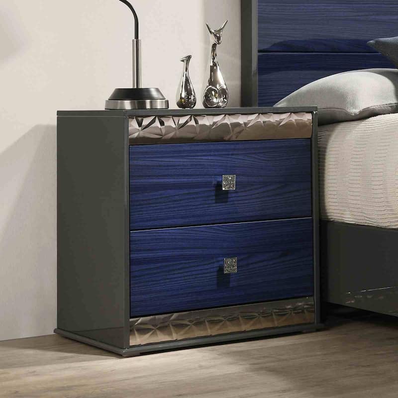 Glam Ash Gray and Indigo Blue Bedroom Furniture Set with Geo Chrome Molding