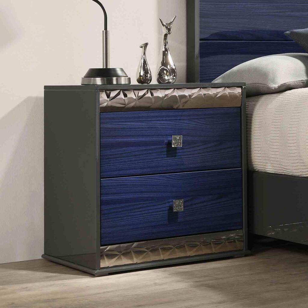 Glam Nightstand - Ash Gray & Indigo Blue Finish with Chrome Molding