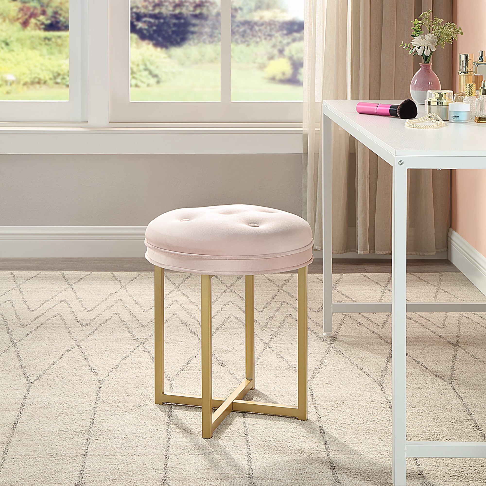 Azalea Park Gold Vanity Stool with Pink Tufted Velvet Upholstery - 16.14 W x 16.14 D x 19.49 H"