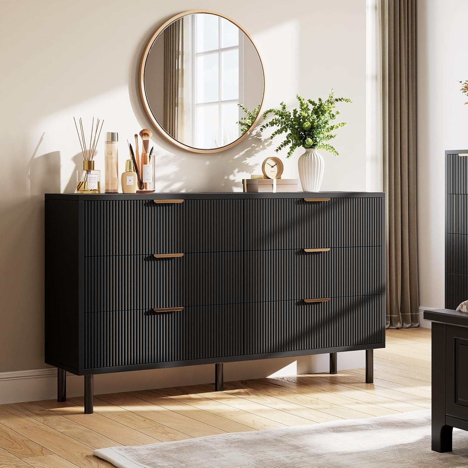 Wave Fluted Wide Wood Double Dresser with Metal Legs & Handles, Modern Chest with Anti-Tipping