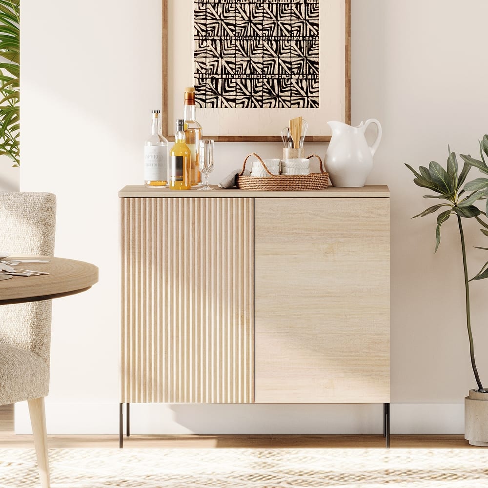 31.5" Wooden Reeded Sideboard With 2 Doors, Modern Credenza Storage Cabinet