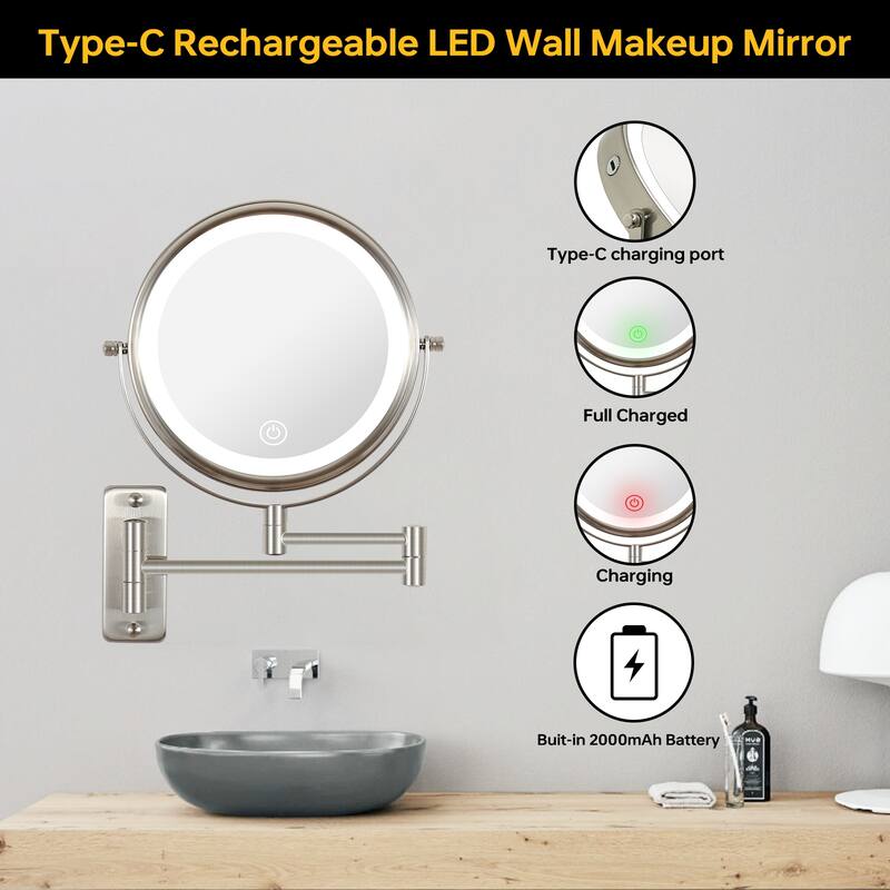 3 Color LED Light Wall Mounted Makeup Mirror, 1x/10x HD Magnifying Double-Sided Mirror, Extension Arm, Built-in Battery