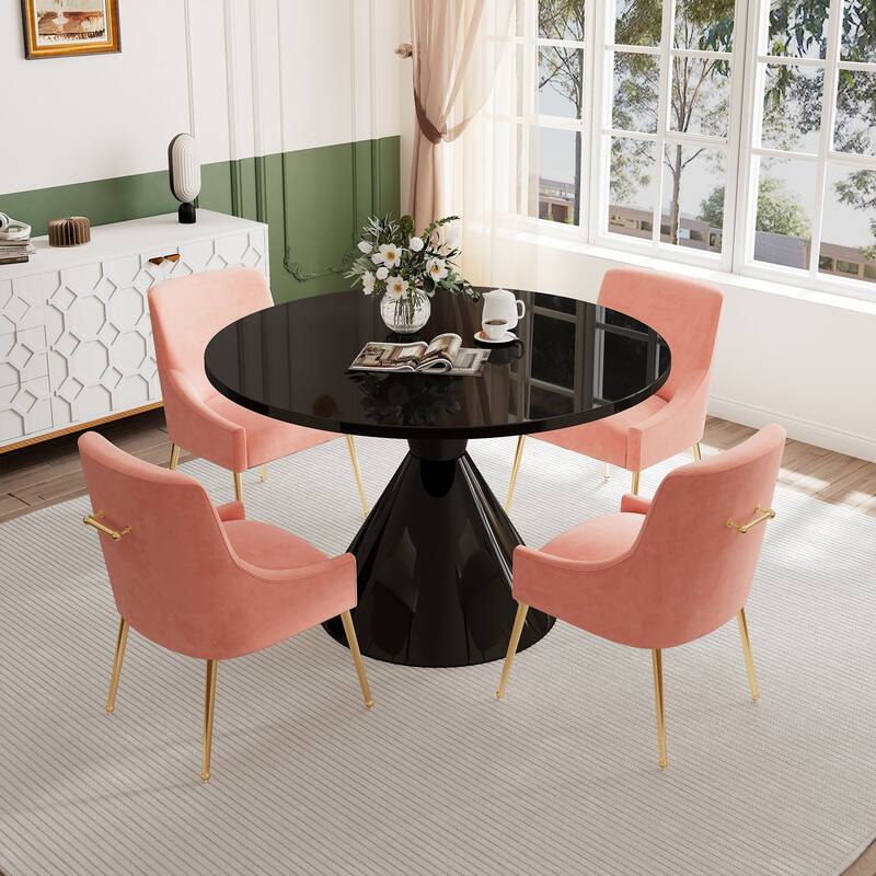 48" Light Luxury Black High Gloss Large Countertop Dining Table with Velvet Dining Chair Set