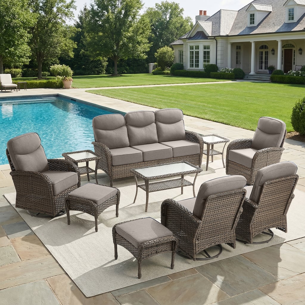 Pocassy Outdoor Wicker Patio Sofa with Swivel Chair Ottoman Sets