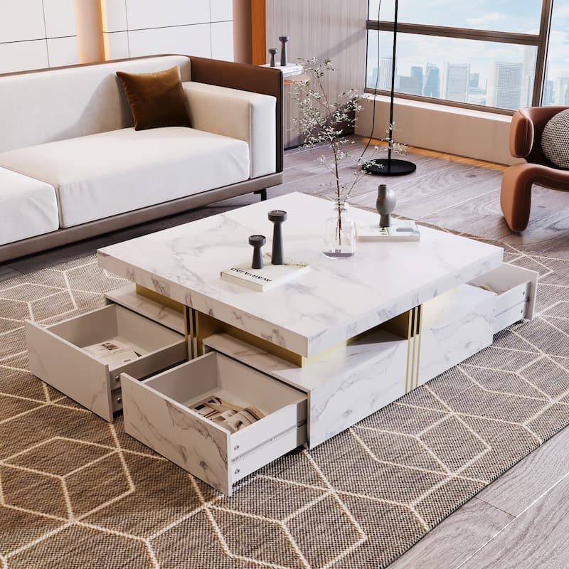 Modern White Square Storage Coffee Table with 4 Drawers
