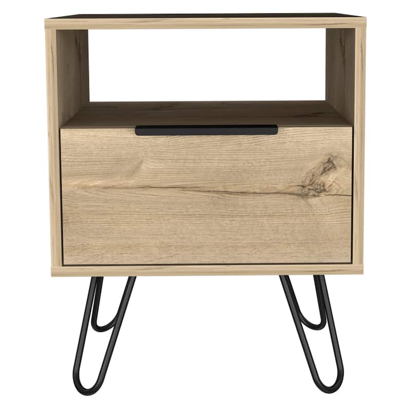 Light Oak Nightstand with Shelf and Drawer, Modern Industrial Design