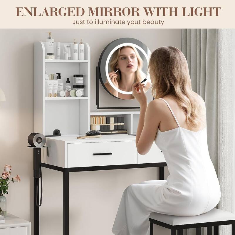 2 Drawer Makeup Vanity Desk Set with Mirror and Light for Bedroom, Dressing Room