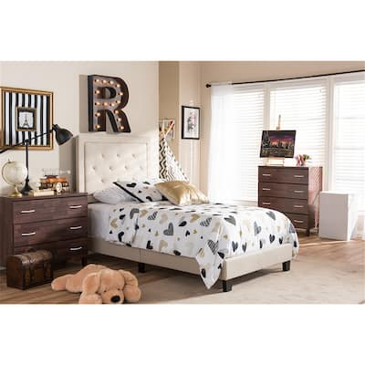 Twin Size Tufted Bed - Linen Upholstered Platform Bed - Modern Coastal Craftsman Design - Beige Bed Frame