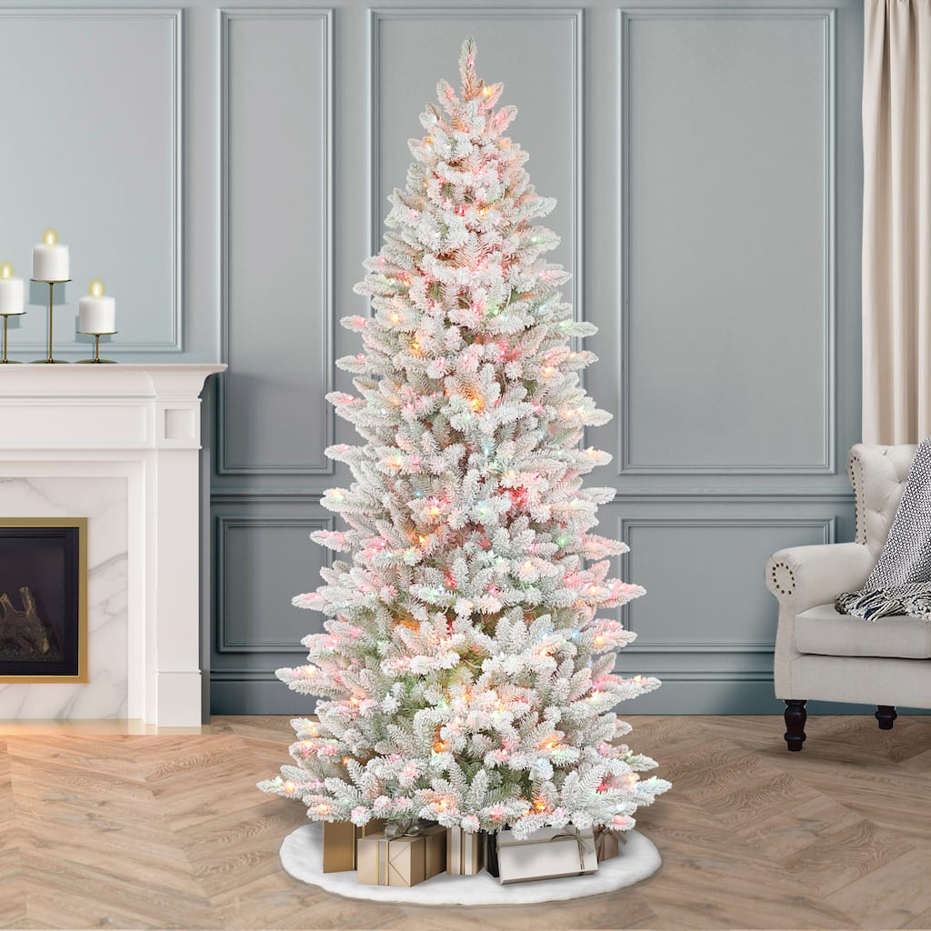 Puleo International 7.5' Pre-Lit Slim Flocked Fraser Fir Christmas Tree - 7.5