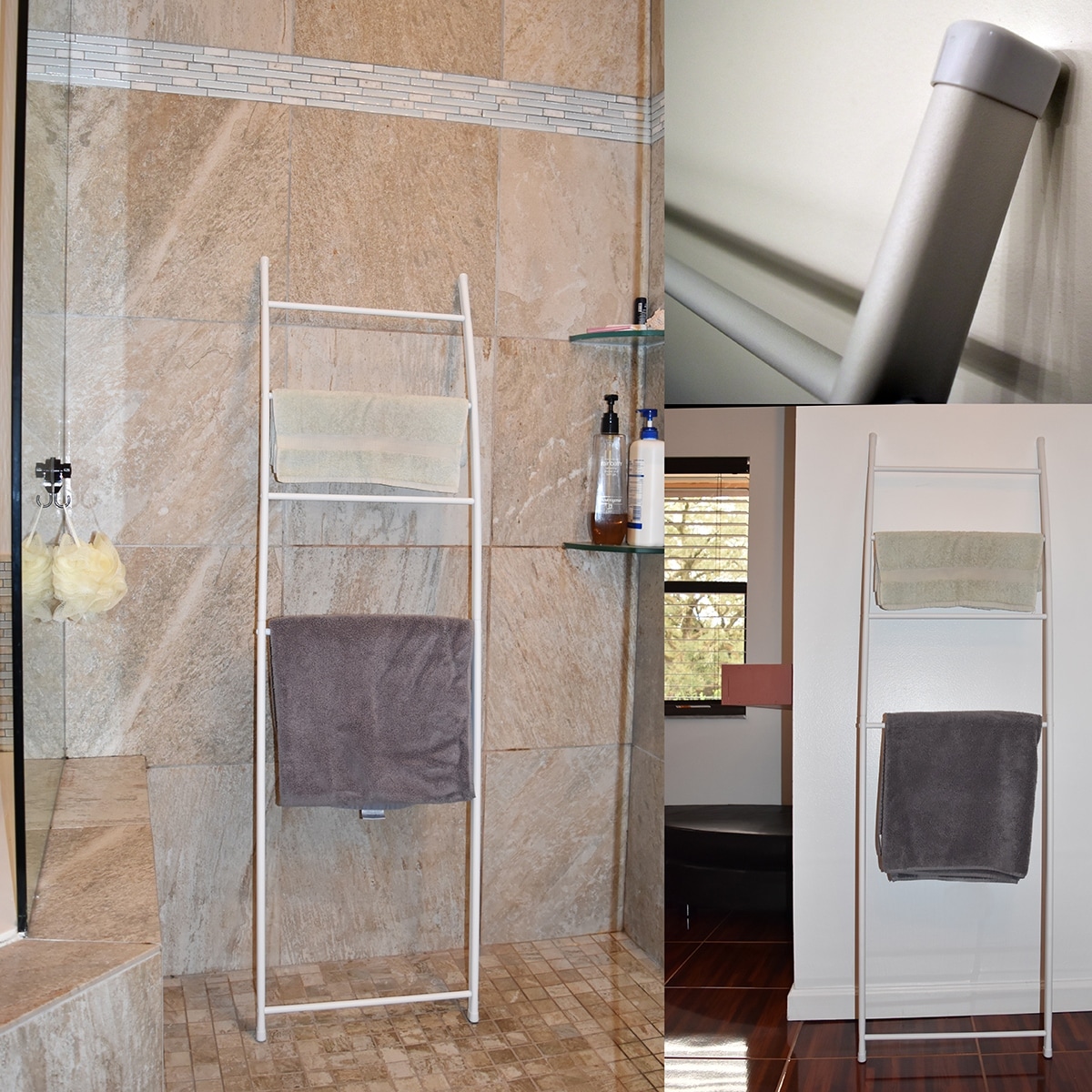 Freestanding Bath Towel Ladder Wall Leaning Drying Rack 4 Bars Metal White 59 L x 17.3 W x 4.1 H Bed Bath Beyond 28244456