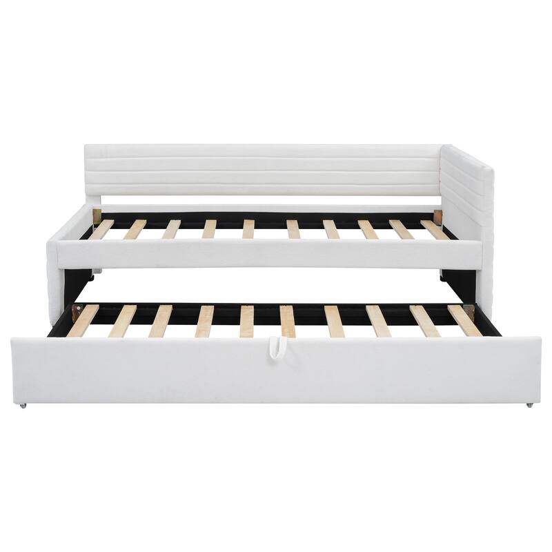 Twin Size Upholstered Daybed with Roll-Out Trundle, Space-Saving Wooden Frame, No Box Spring Needed