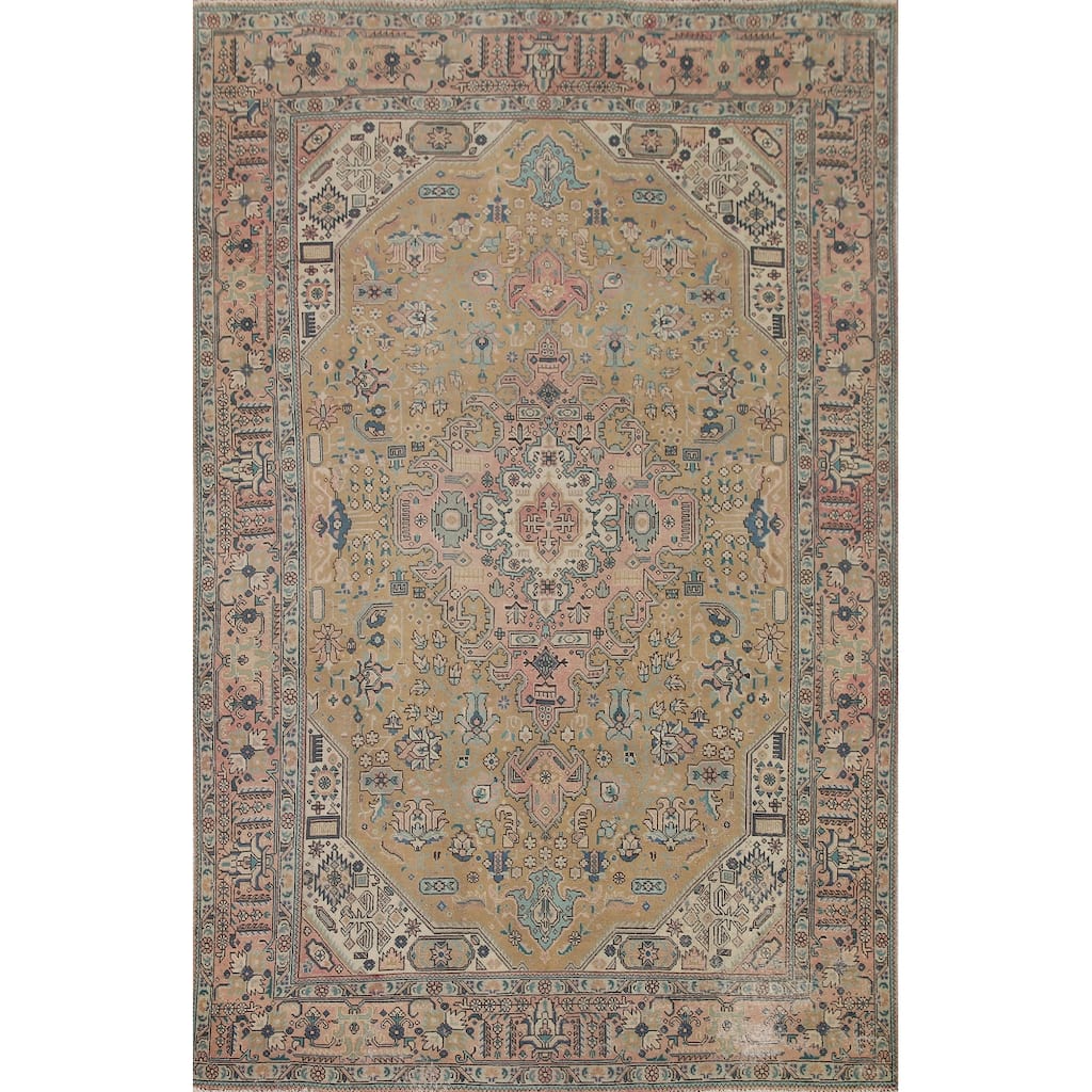 Hand Knotted Oriental 100% Wool Carpet Traditional Medallion Yellow & Gold Tabriz Area Rug - 9' 8'' X 6' 10''