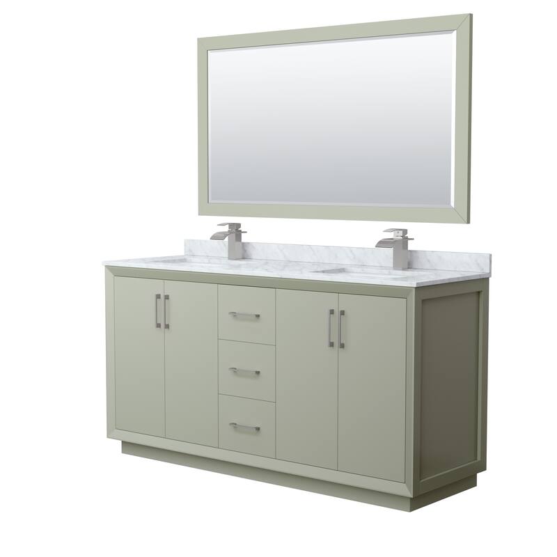 Strada 66-Inch Double Vanity Set, Carrara Marble Top, 58-Inch Mirror - Light Green, Nickel Trim, Carrara Marble Top