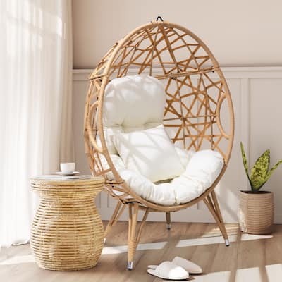 Outdoor Patio Wicker Basket Egg Chair with Cushion, Or as Hanging Chair