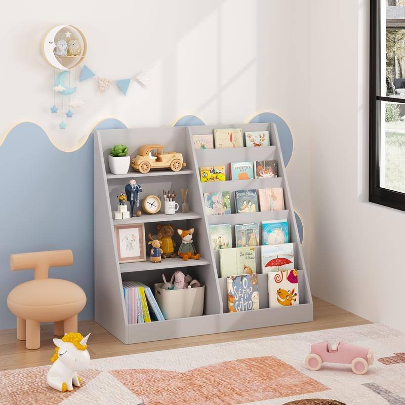4-Tier Wooden Kids Bookshelf & Toy Organizer with Storage Bin, Modern Display Bookcase for Nursery Playroom