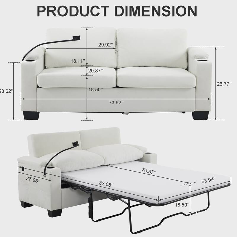 Pull-Out Queen Sofa Bed 73.63" with Memory Foam Mattress, Cup Holders, USB Ports, and Storage Pockets for Small Spaces