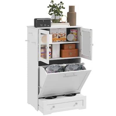 PawHut Dog Feeding Station with 2 Storage Cabinets, Pet Feeding Station with 2 Elevated Dog Bowls, Side Hooks, Anti-tip Kit