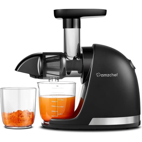 slide 2 of 8, AMZCHEF Slow Cold Press Juicer with Reverse Function, Masticating Juicer with 2 Cups & Brush, 150W, 90-110 RPM Black