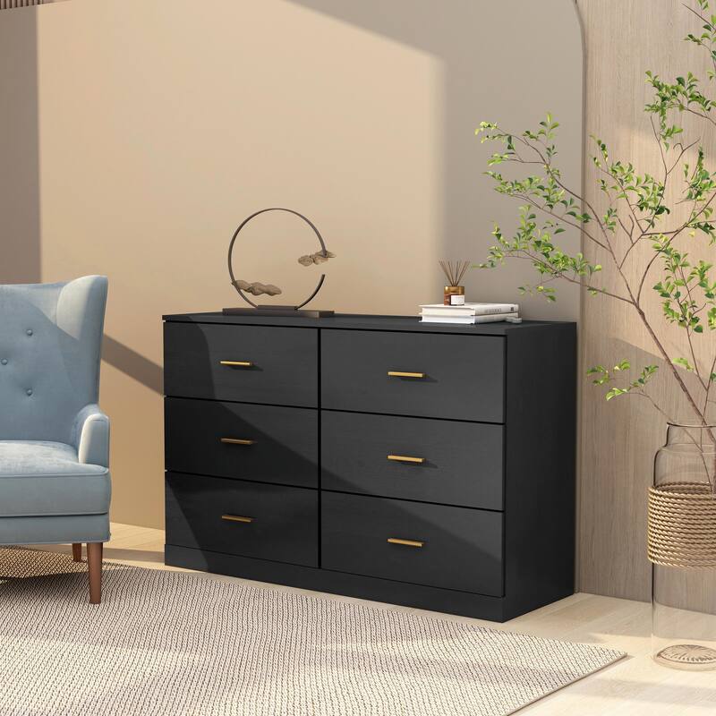 Modern 6-Drawer Dresser for Bedroom - Ample Storage, Wide Chest of Drawers, Sturdy & Safe - Black