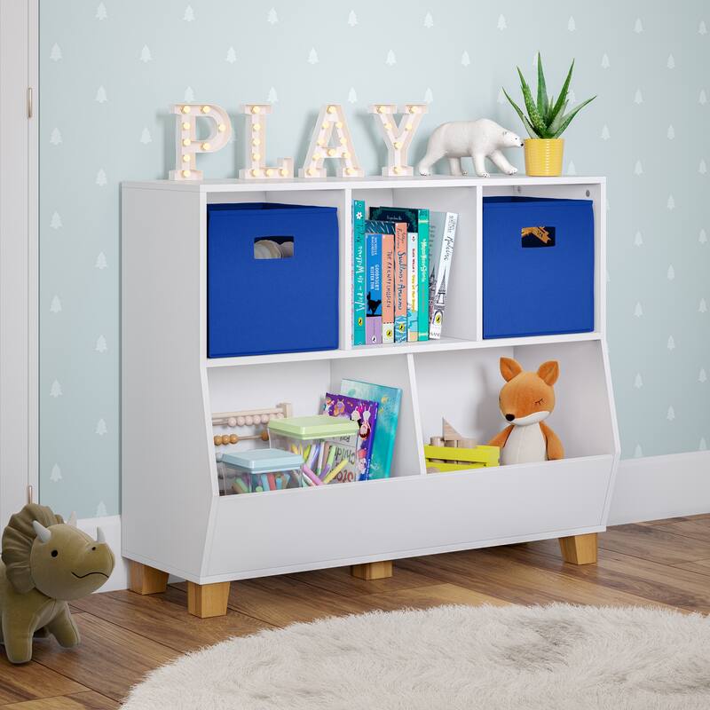 RiverRidge Kids Catch-All 35in Toy Storage Organizer with 3 Cubbies and 2 Storage Compartments - White with Optional Bins - White with 2 Blue Bins