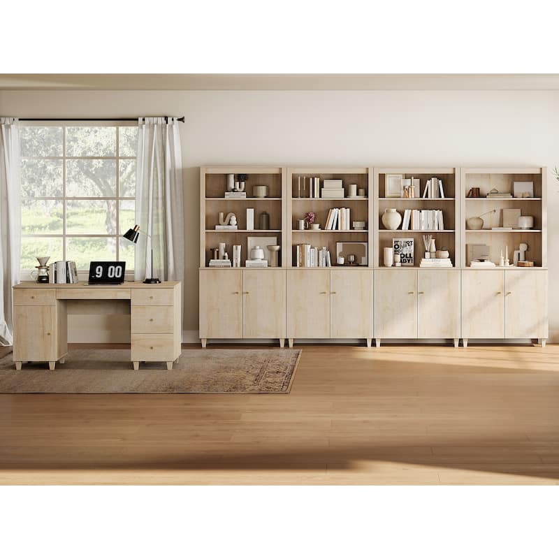 WAMPAT Home Office Furniture Set, 58" Executive Desk with Cabinet, 4-Column 71" Tall Bookcase with Doors and Adjustable Shelves