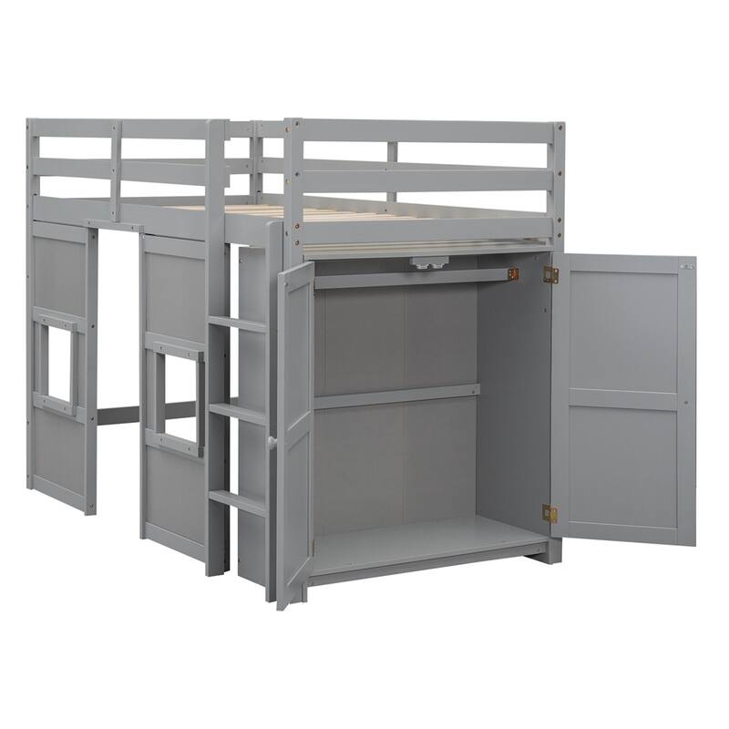 Twin Size Wood Loft Bed with Built-in Storage Wardrobe and Guardrails