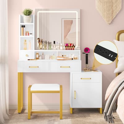 42.1" Mirror Makeup Vanity Table with Stool and Light Strip - 42.1''L x 15.3''W x 53.9''H