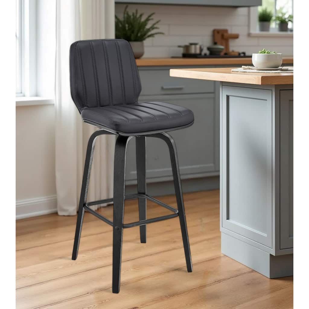 HomeRoots 27" Gray and Black Faux Leather and Iron Counter Height Swivel Bar Chair