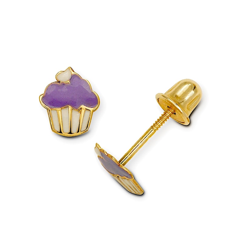 Curata 14K Yellow Gold Childrens Small Color Enamel Cupcake Screw Back Stud Earrings - Purple