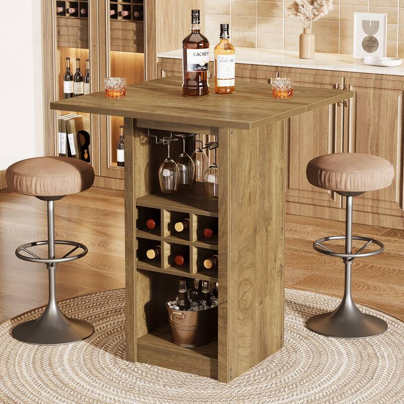 Wood Counter Height Bar Table, Glass Holders Wine Racks Storage Shelves, Kitchen Bistro High Top Pub Cocktail Home Bar Unit