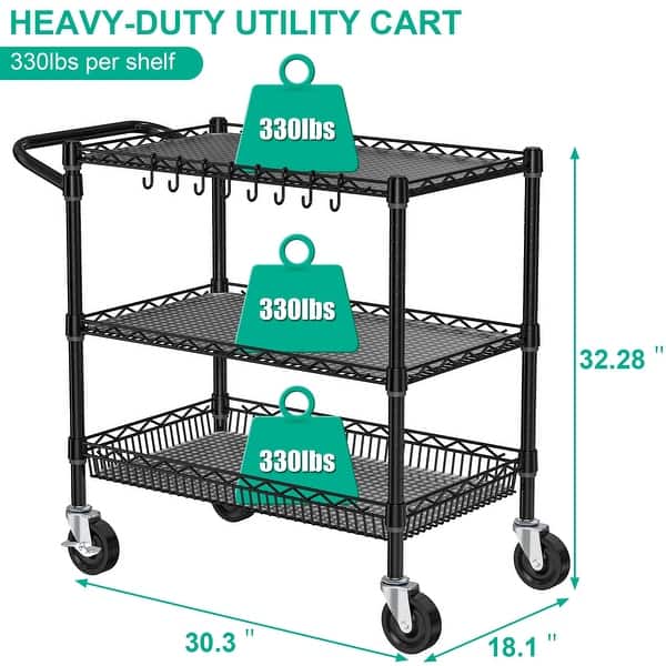 Heavy Duty Rolling Cart with Wheels, 3 Tier Commercial Grade Utility