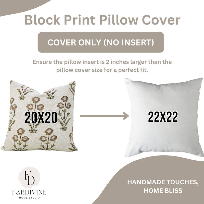 Fabdivine Cushioncase Handmade Block Print Floral 22x22 Pillow Cover Boho Farmhouse Fall Brown Viscose Linen, Amitabh