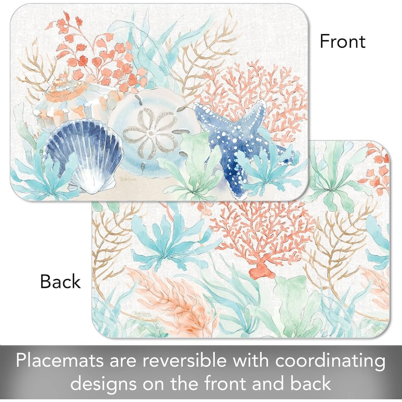 Seaside Reversible Easy Care Flexible Plastic Placemat 4 Pack Made in The USA BPA Free Easily Wipes Clean