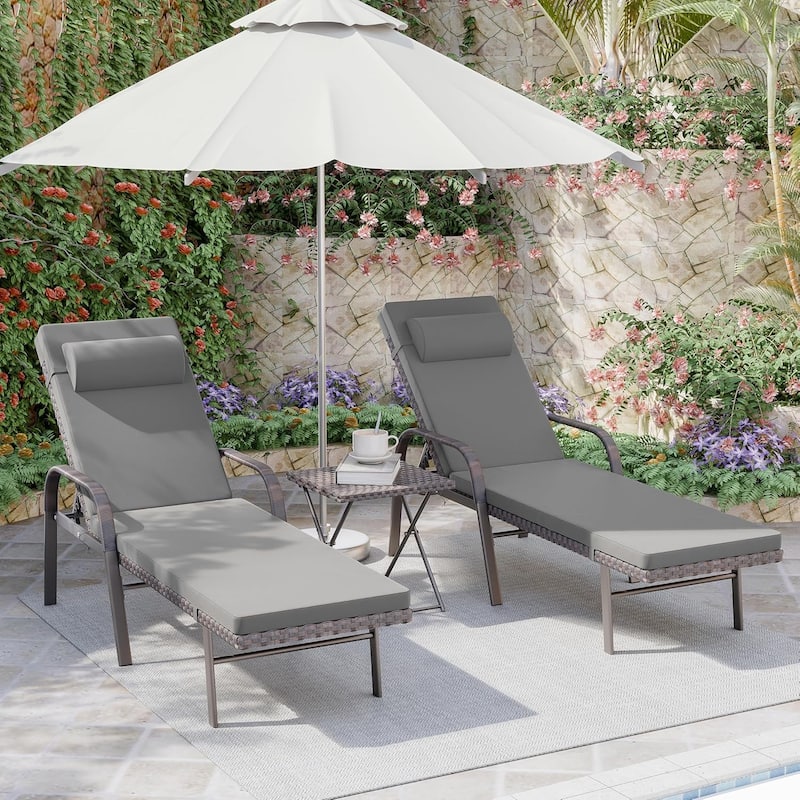 3-Piece Outdoor Wicker Chaise Lounge with Armrests and Cushions