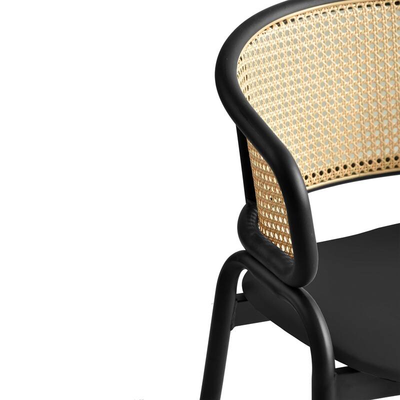 LeisureMod Modern Leather Dining Chair with Wicker Back & Black Steel Frame - Accent Side Armchair for Home Furniture