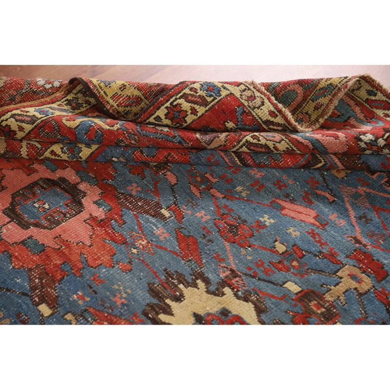 Hand Knotted Oriental 100% Wool Carpet Traditional Geometric Navy Blue & Blues Heriz Area Rug - 8' 5'' X 7' 11''